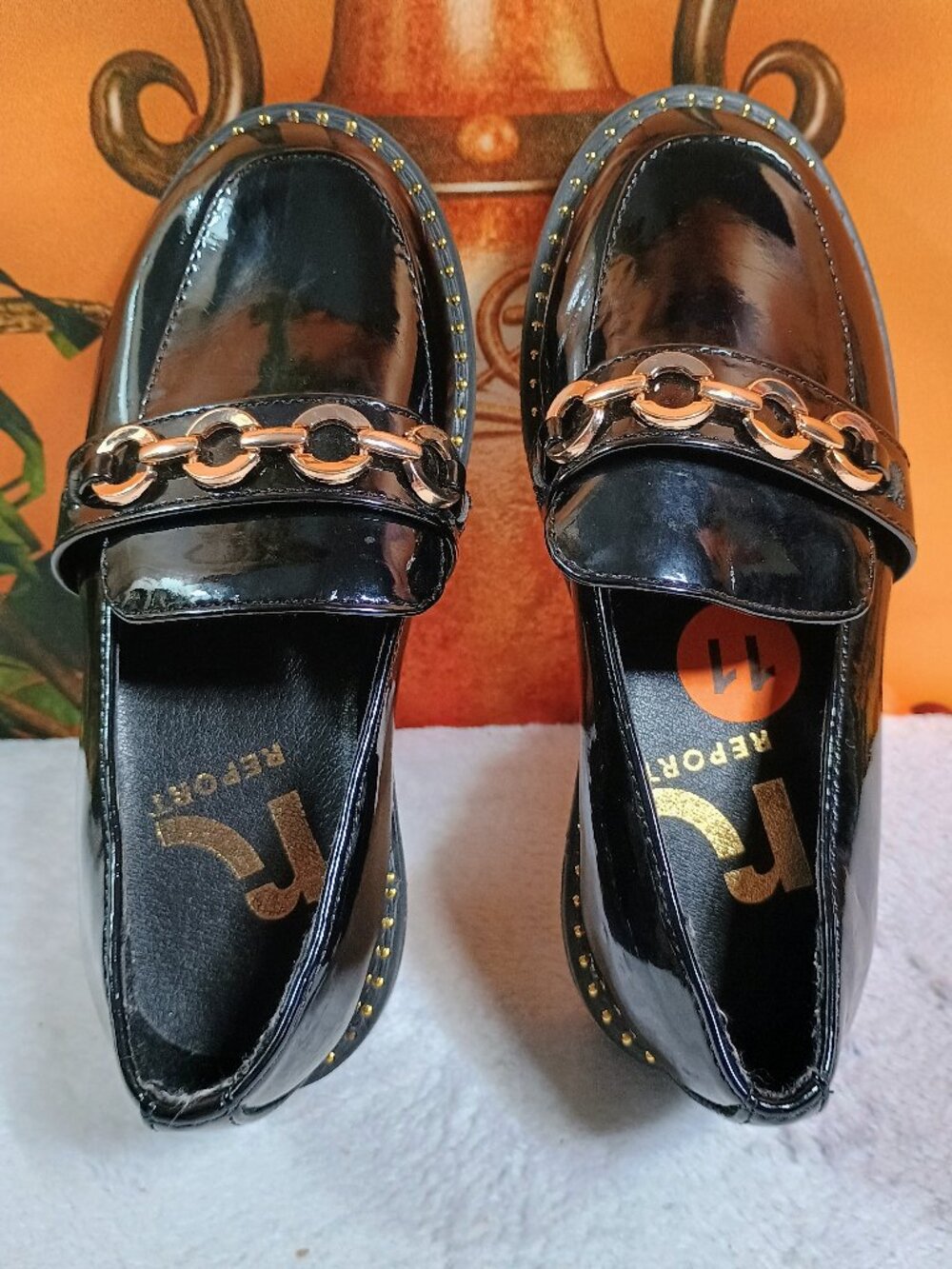 Girls REPORT Size 11M Black Patent Lug Loaf Chunky Chain Loafer Shoes Formal